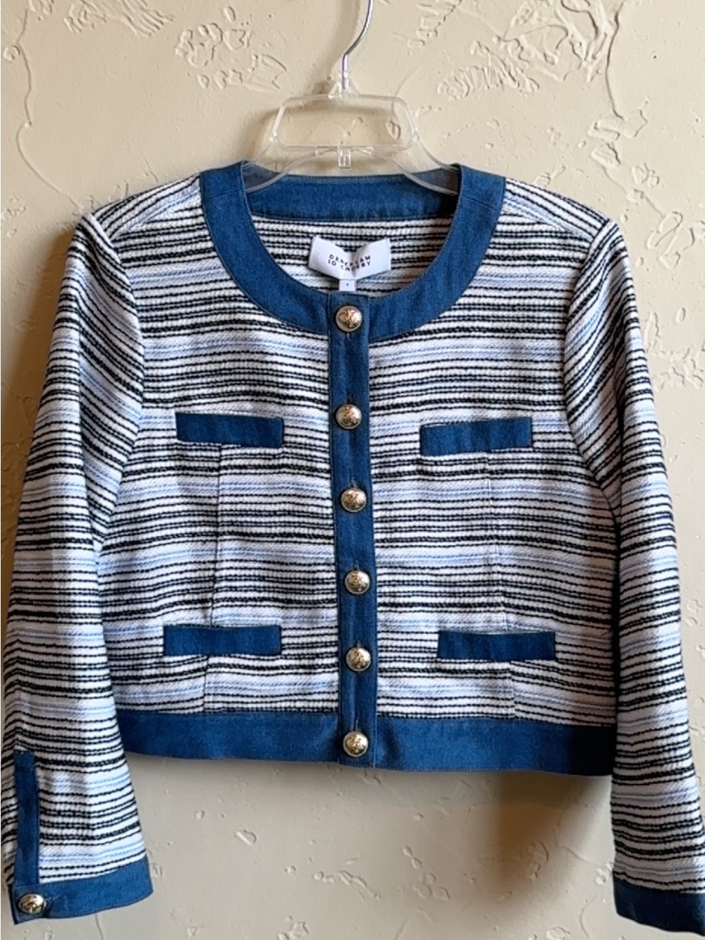 Designer 10 Crosby Derek Lam Blue & White Striped Tweed Jacket with Gold Buttons